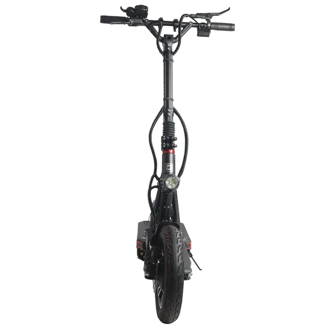 E-Scooter von vorne, mit Lenker, Scheinwerfer und Vorderrad.