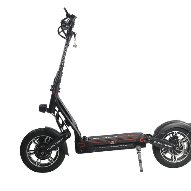 E-Scooter im Profil, das Hinterrad vom Bildrand angeschnitten.