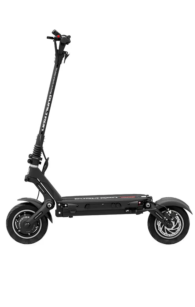 E-Scooter im Profil, mit beiden Rädern, Trittbrett und Lenksäule.