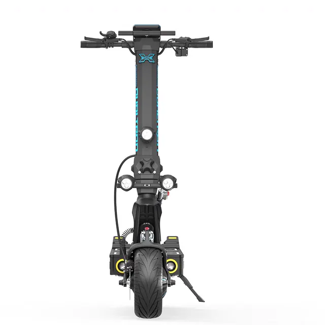 E-Scooter von vorne, mit Lenker, Scheinwerfern und Vorderrad.